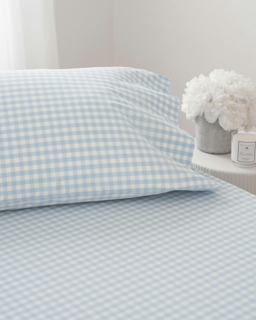 Luxe Premium Percale Bed Sheets in Light Blue Gingham