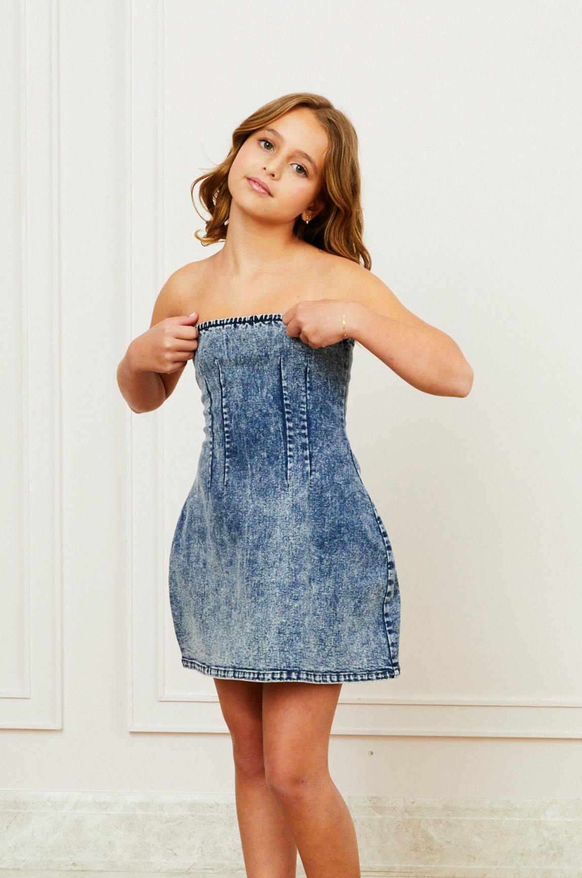 Demi Denim Studded Crystal Strapless Dress