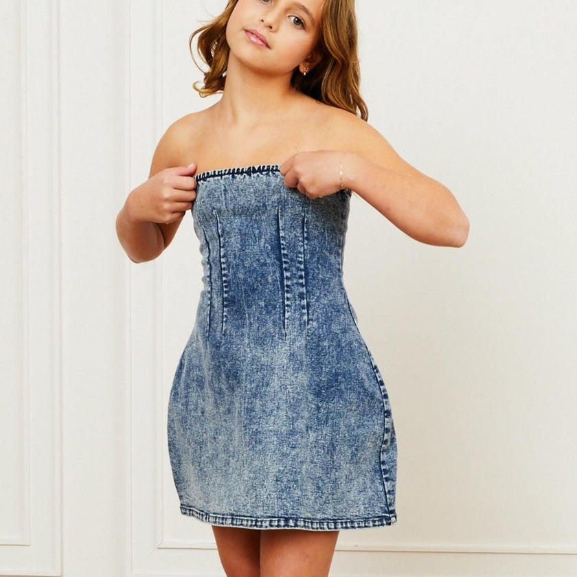 Demi Denim Studded Crystal Strapless Dress