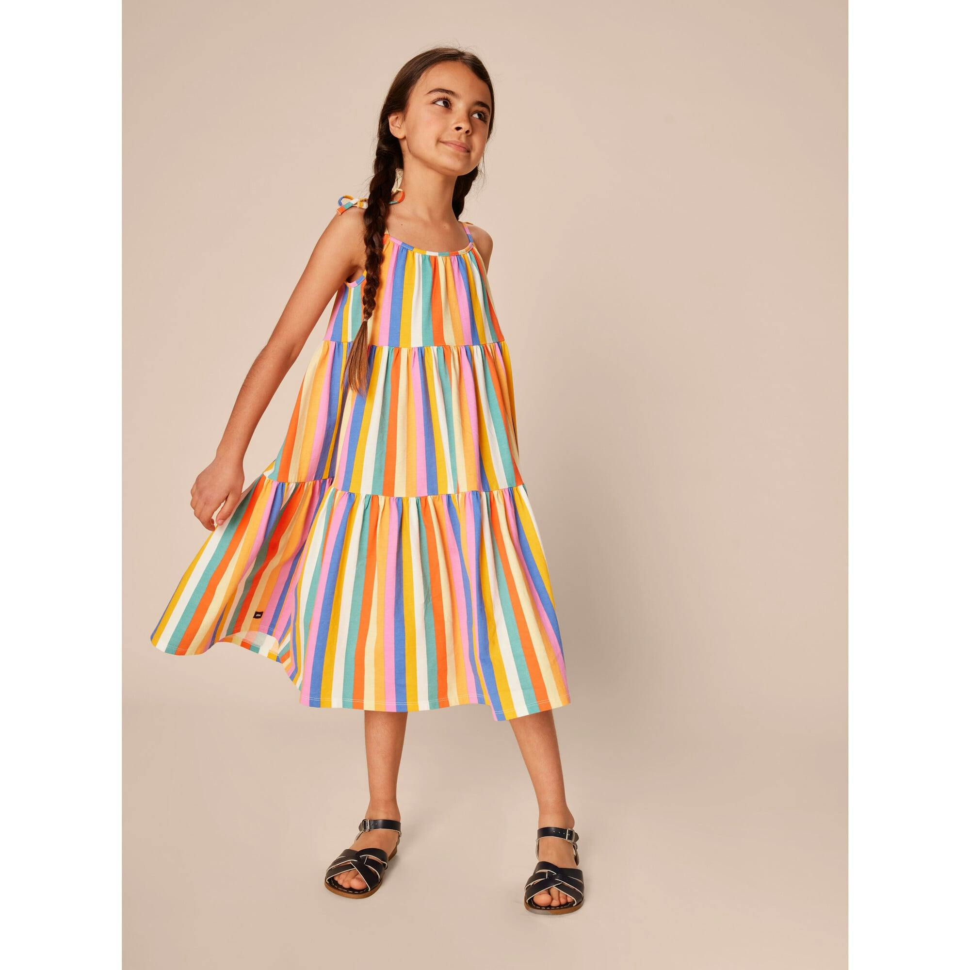 Tie Shoulder Tiered Dress, Multi