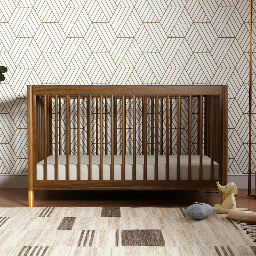 Gelato 4-in-1 Convertible Crib with Toddler Bed Conversion Kit in Natural Walnut & Gold Feet