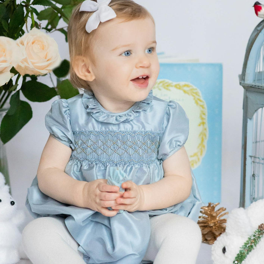 Astrid Blue Silk Smocked Baby Bubble