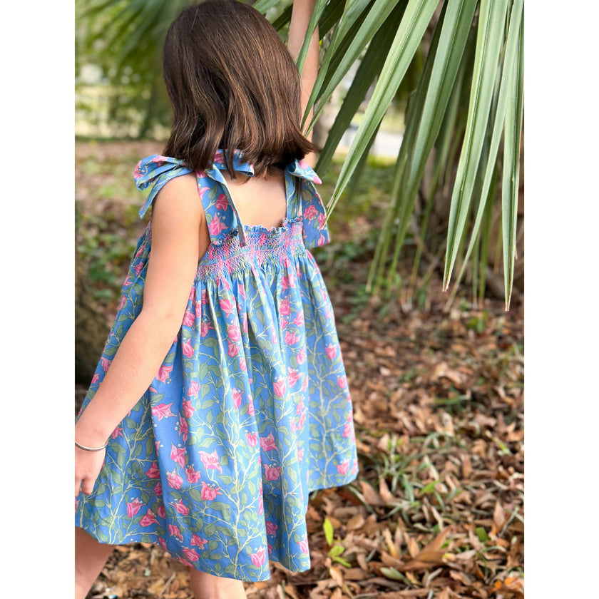 Loblolly Dress in Blue with Pink Bougainvillea