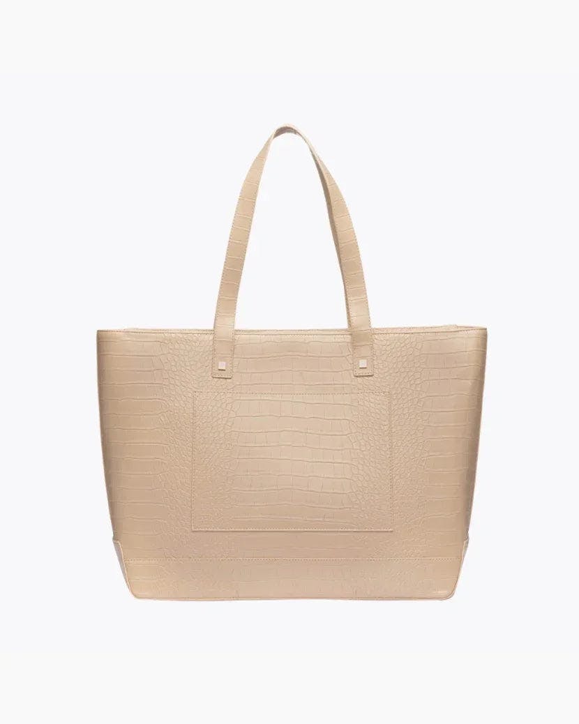 Vegan Leather Work Tote Bag with Removable Insulated Pouch, Cream Croc