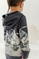 Boys Scenic Raglan Hoodie in Mountains on Nightfall Blue
