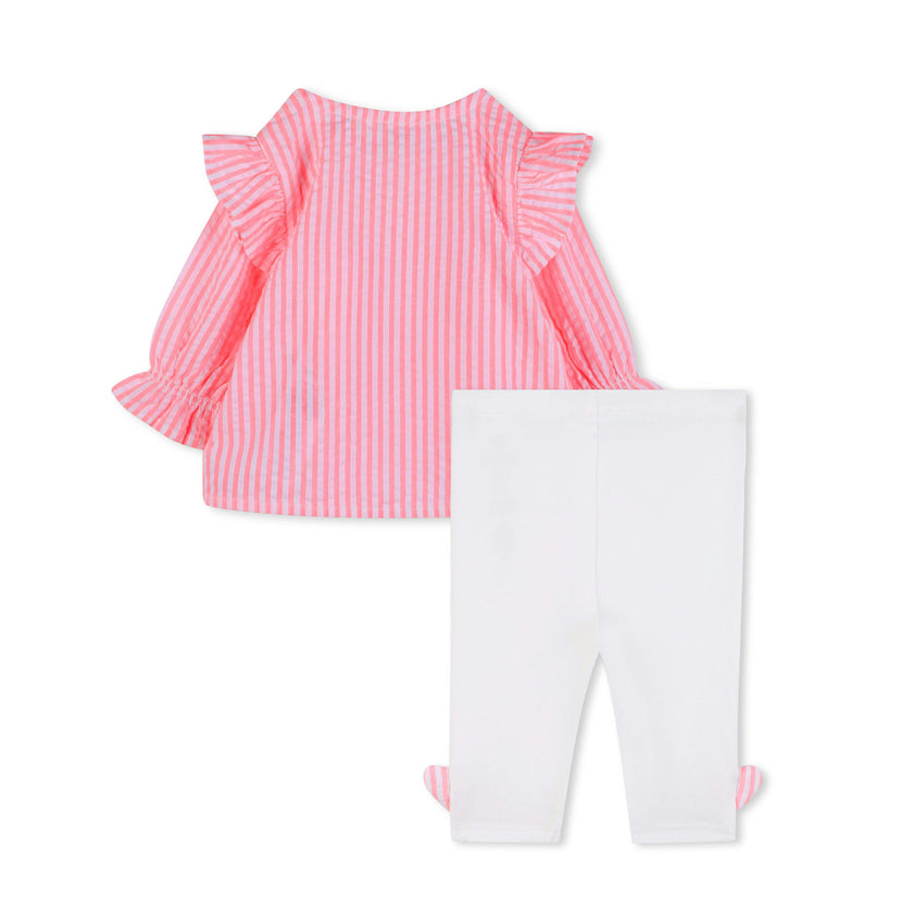 Pink Stripe Ruffle Top & White Leggings Set