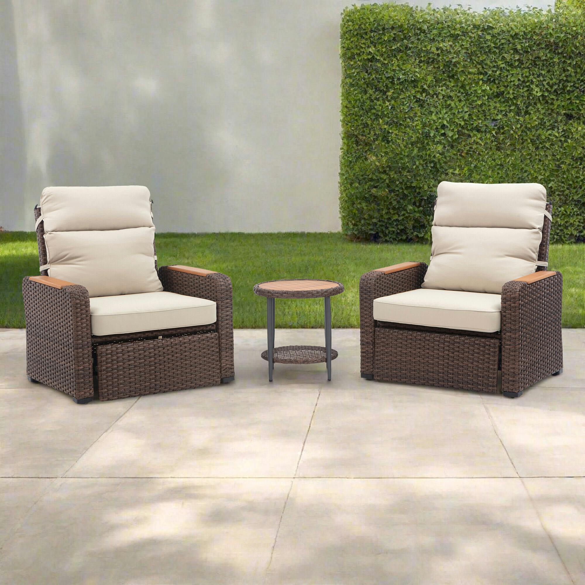 Teamson Home Outdoor Seating  Wicker Frame & Wood Armrests Recliner Set in Warm Brown