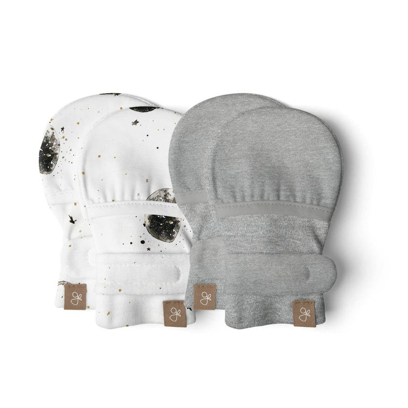 STAY ON 2-PACK MITTS | MANY MOONS + PEBBLE — Bamboo Organic Cotton Blend, 0–6M