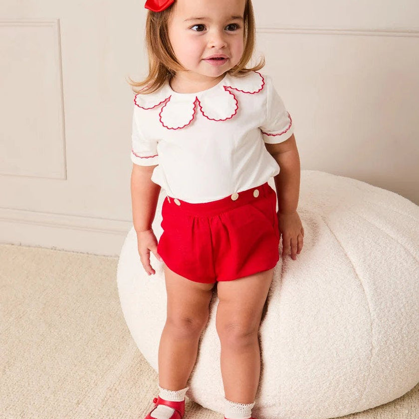 Dahlia Petal Collar Short Sleeve Two Piece Set in Red (6mths-3yrs)