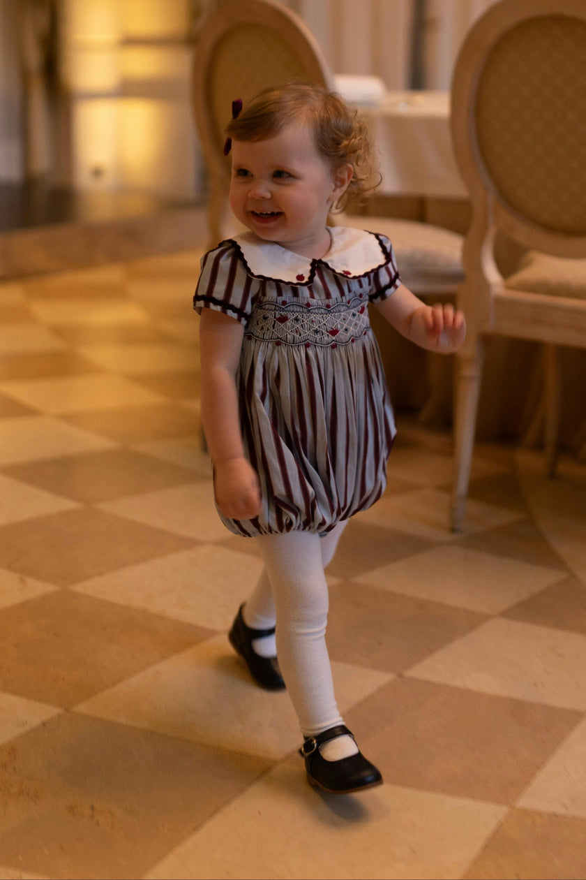 MARINE STRIPE BLUE BURGUNDY SMOCKED ROMPER