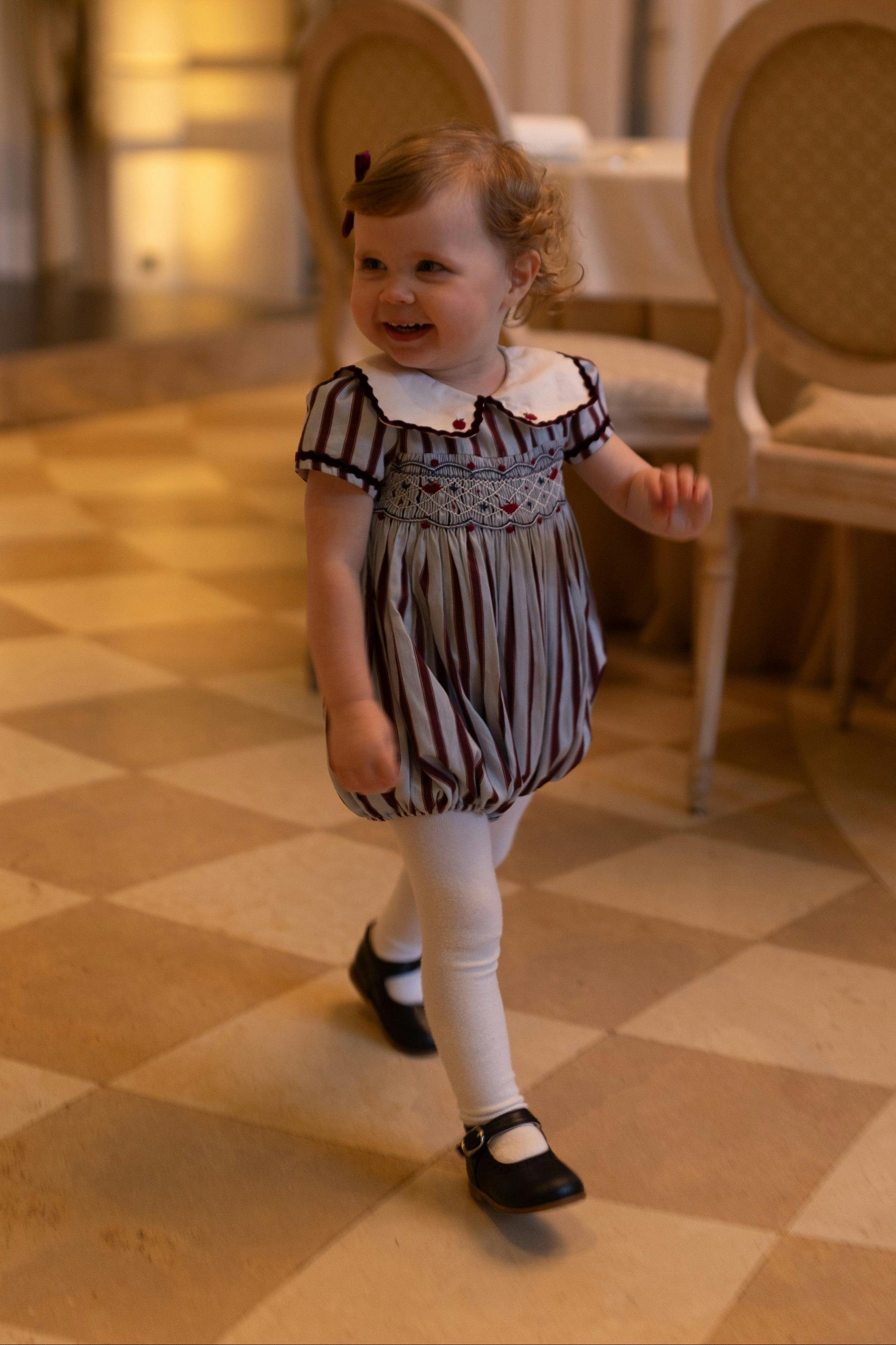 MARINE STRIPE BLUE BURGUNDY SMOCKED ROMPER