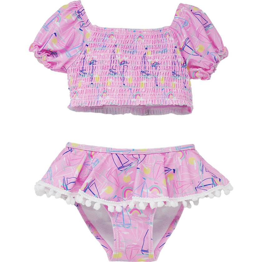 UPF 50+ Gemma Two-Piece Smocked Pom-Pom Swimsuit