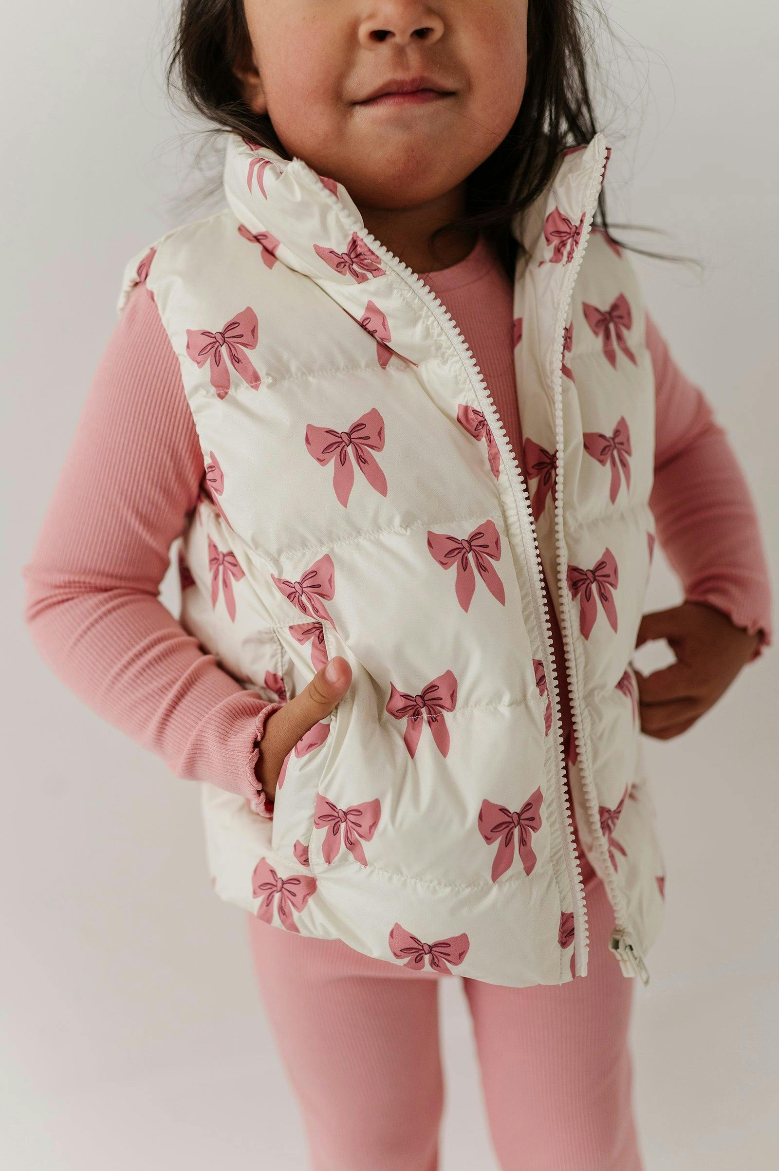 Kids Puffer Vest in Rose Elegance Bows