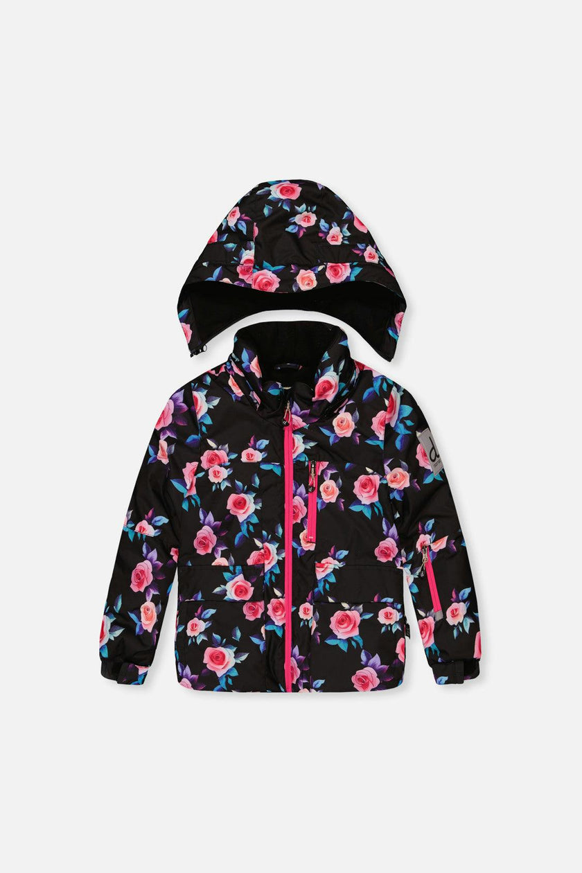 Two Piece Play Snowsuit Black Rose Print With Pink Pants