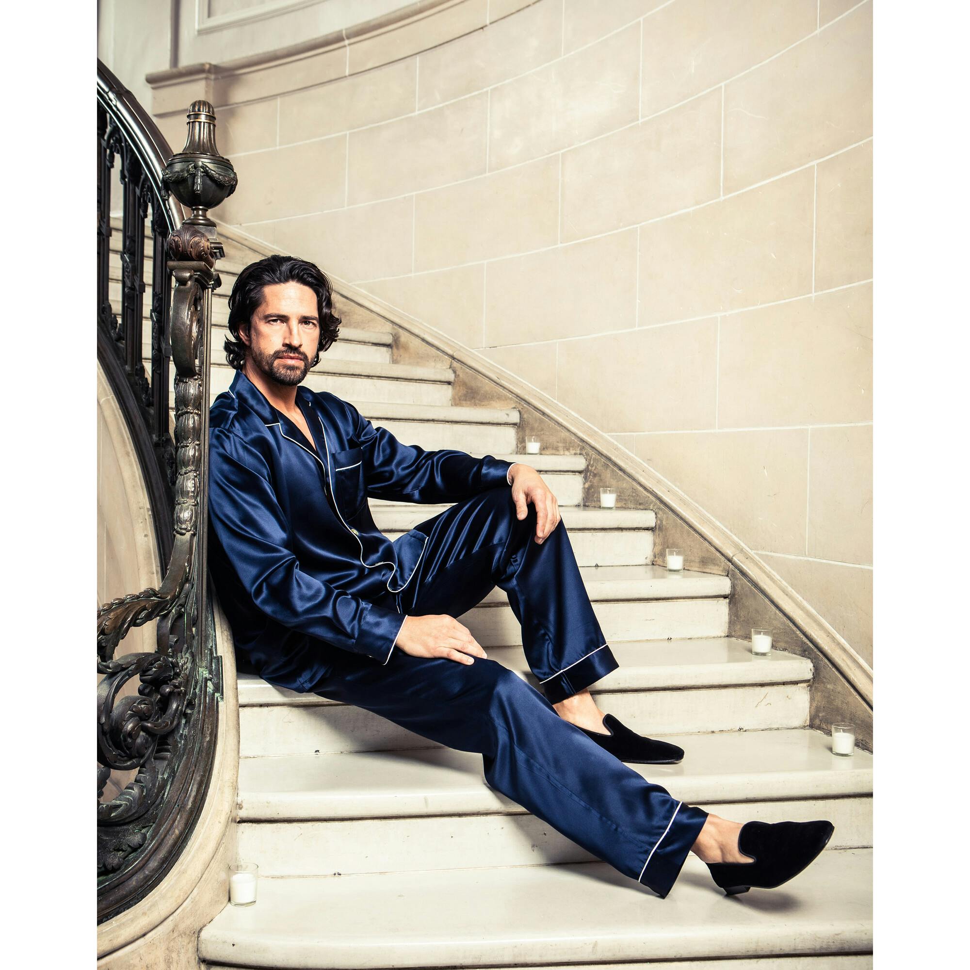Men's Silk Pajama Set in Navy