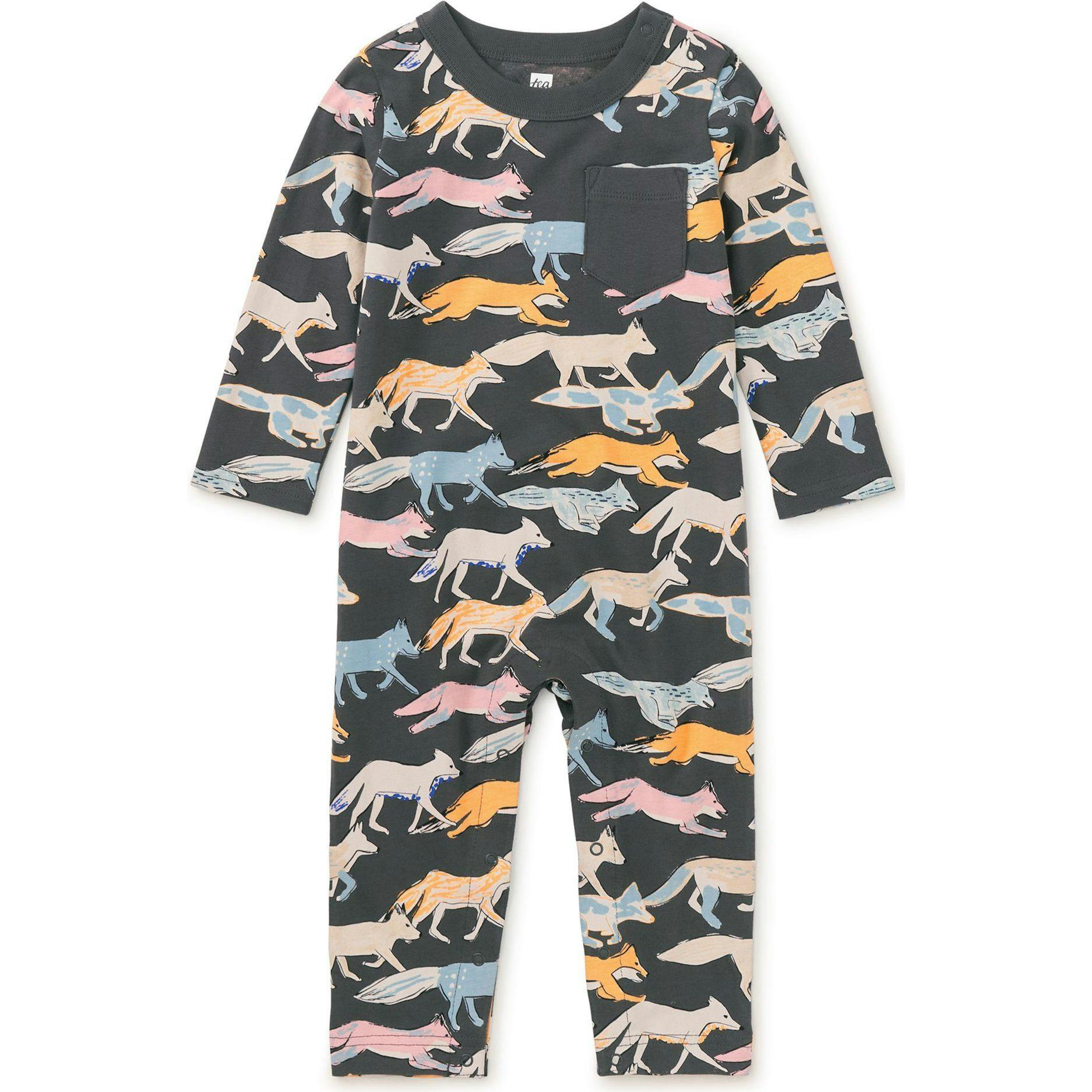 Babys Long Sleeve Contrast Pocket Snap Button Romper, Multi