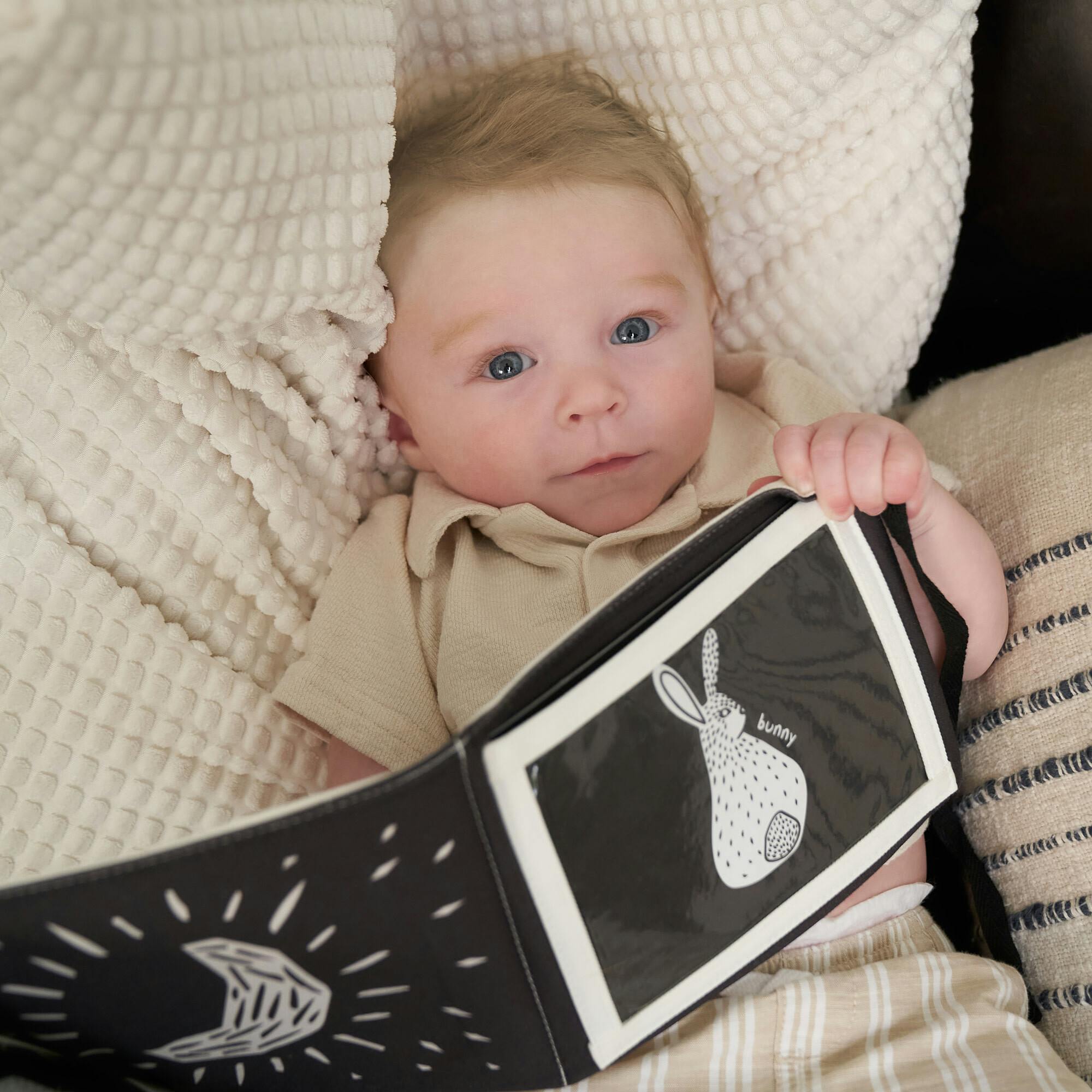 Soft Tummy Time Book w/Large Stimulating Baby Safe Mirror - High Contrast Montessori Toy w/Mirror, Crinkle Filling & Silicone Teether - For Newborn Development