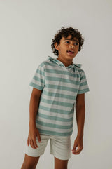 Boys Short Sleeve Hoodie Pullover in Sky Blue Stripe