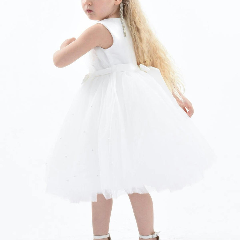 White Pearl Bow Tulle Dress
