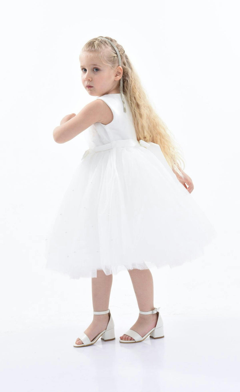 White Pearl Bow Tulle Dress