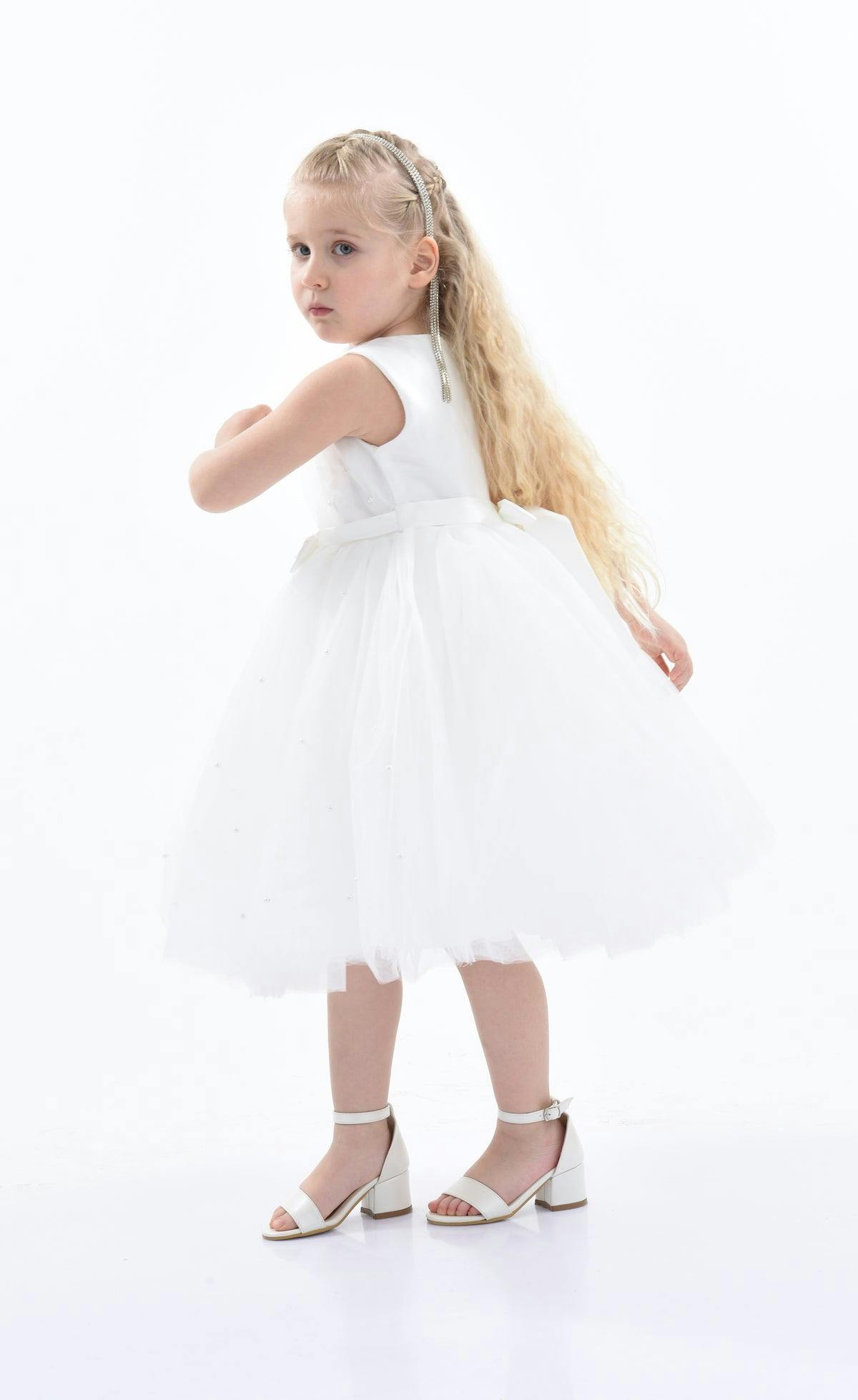 White Pearl Bow Tulle Dress
