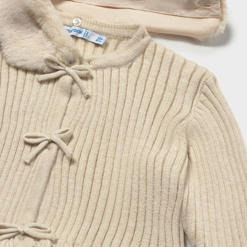 Beige Cardigan with Faux Fur Collar