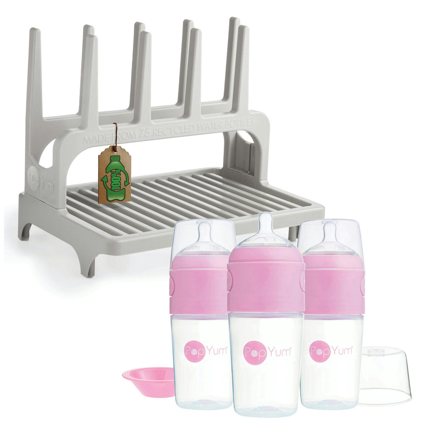 PopYum 9 oz Pink Formula Making Baby Bottle 3-Pack with Gray Drying Rack Bundle
