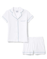 The Poppy Pima Short Set in White with Periwinkle Piping