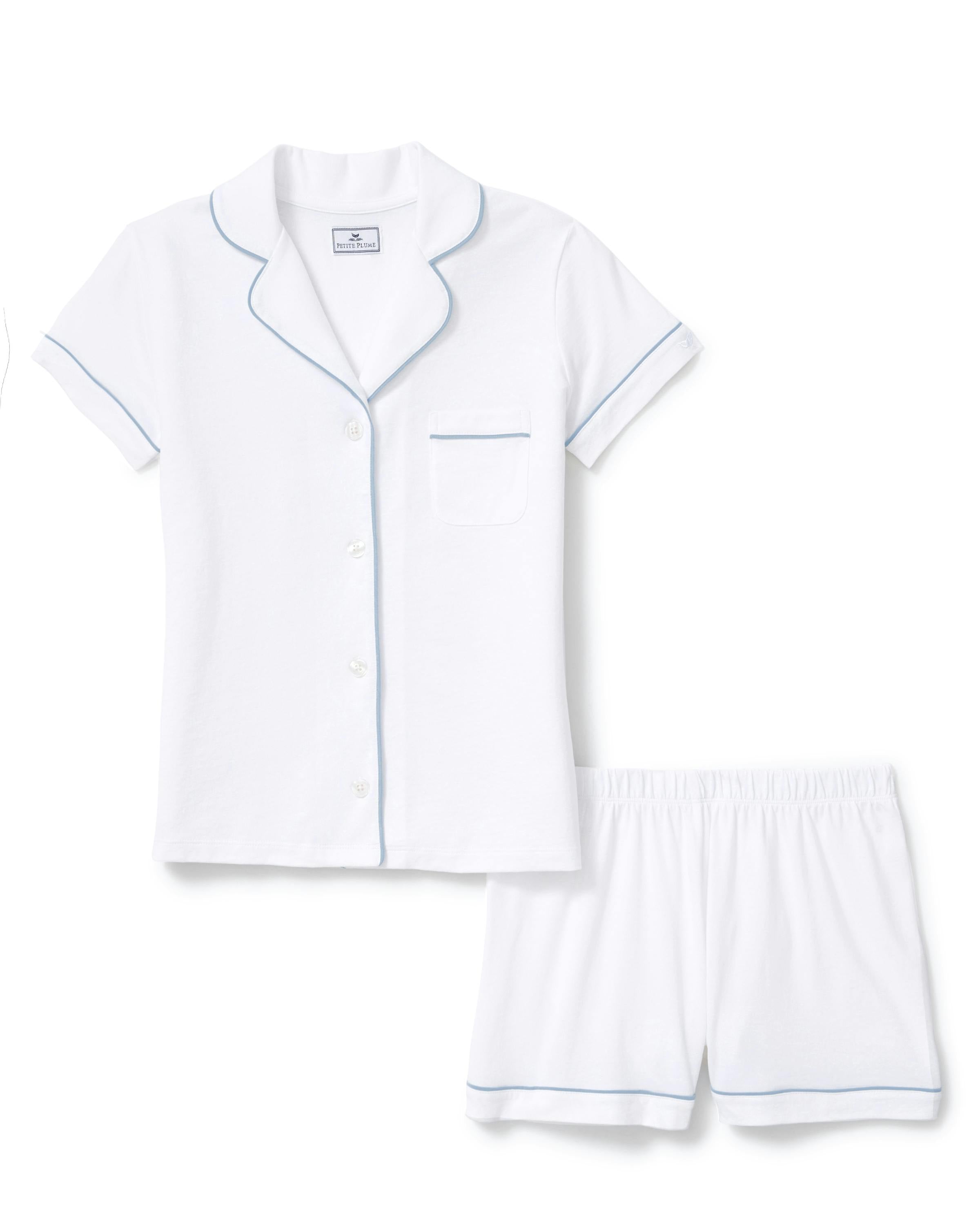 The Poppy Pima Short Set in White with Periwinkle Piping