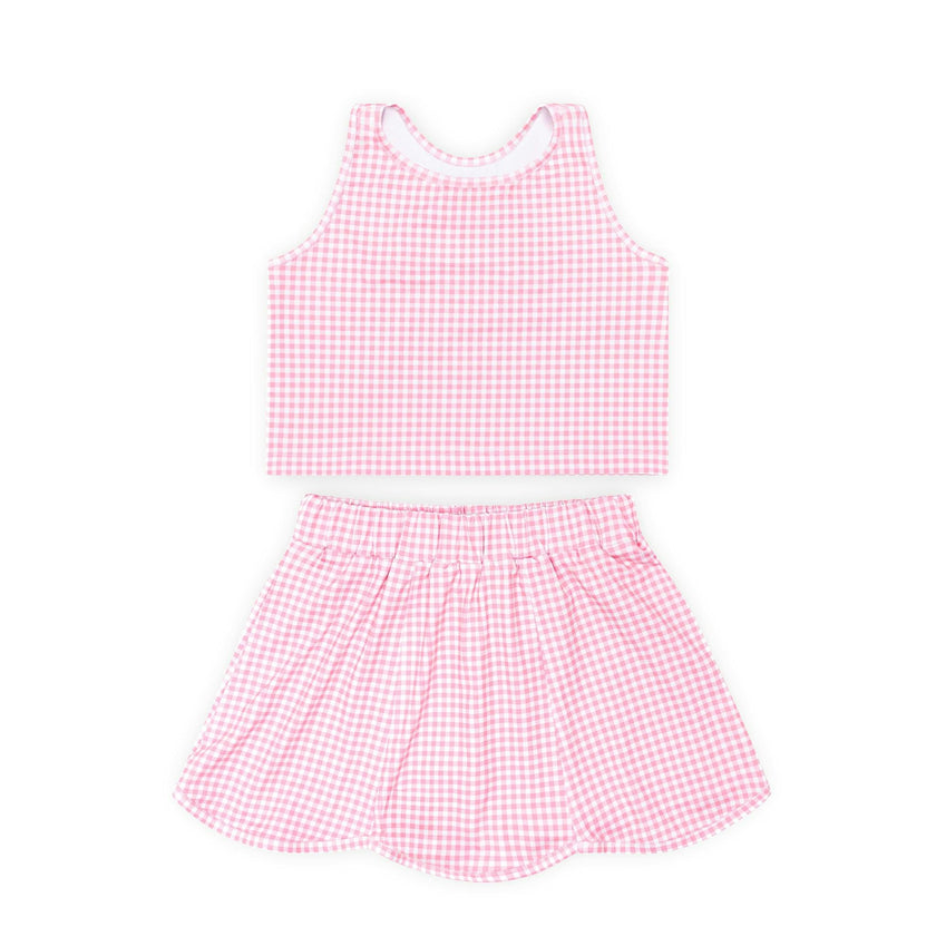 Girl's Scalloped Skort Set in Pink Sand Gingham
