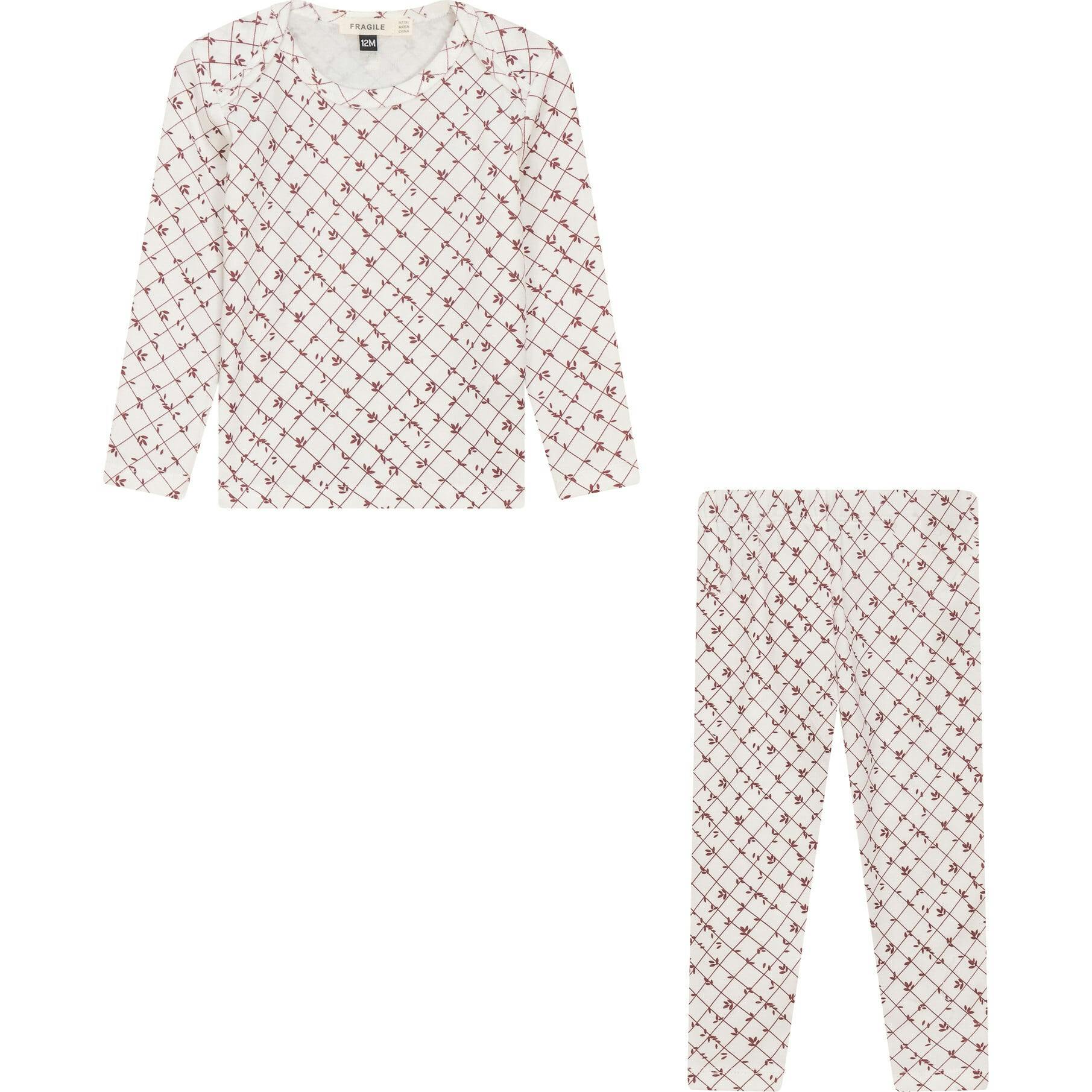 Printed Ribbed 2Pc Set White/Burgundy