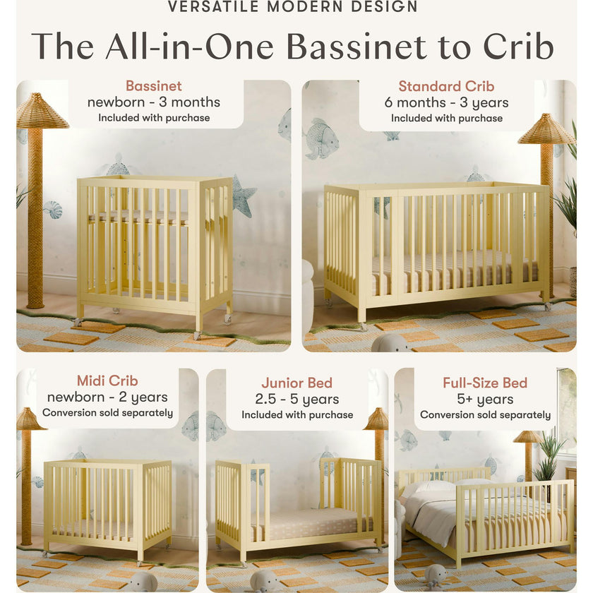 Rolli 9-in-1 Convertible All-Stages® Crib with Bassinet & Toddler Bed Conversion Kits in Pale Yellow