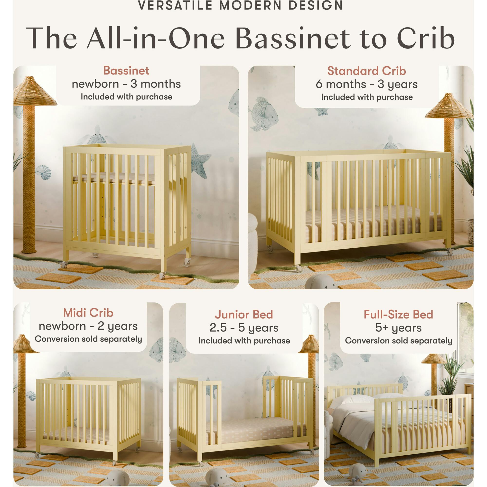 Rolli 9-in-1 Convertible All-Stages® Crib with Bassinet & Toddler Bed Conversion Kits in Pale Yellow