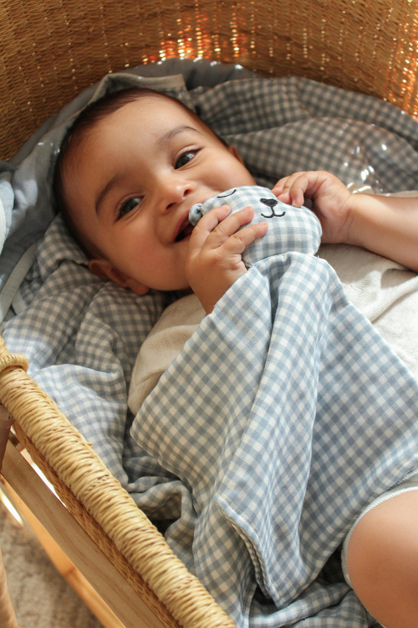 Dusty Blue Solids + Gingham QUILTED 6 Layer Gauze Blanket