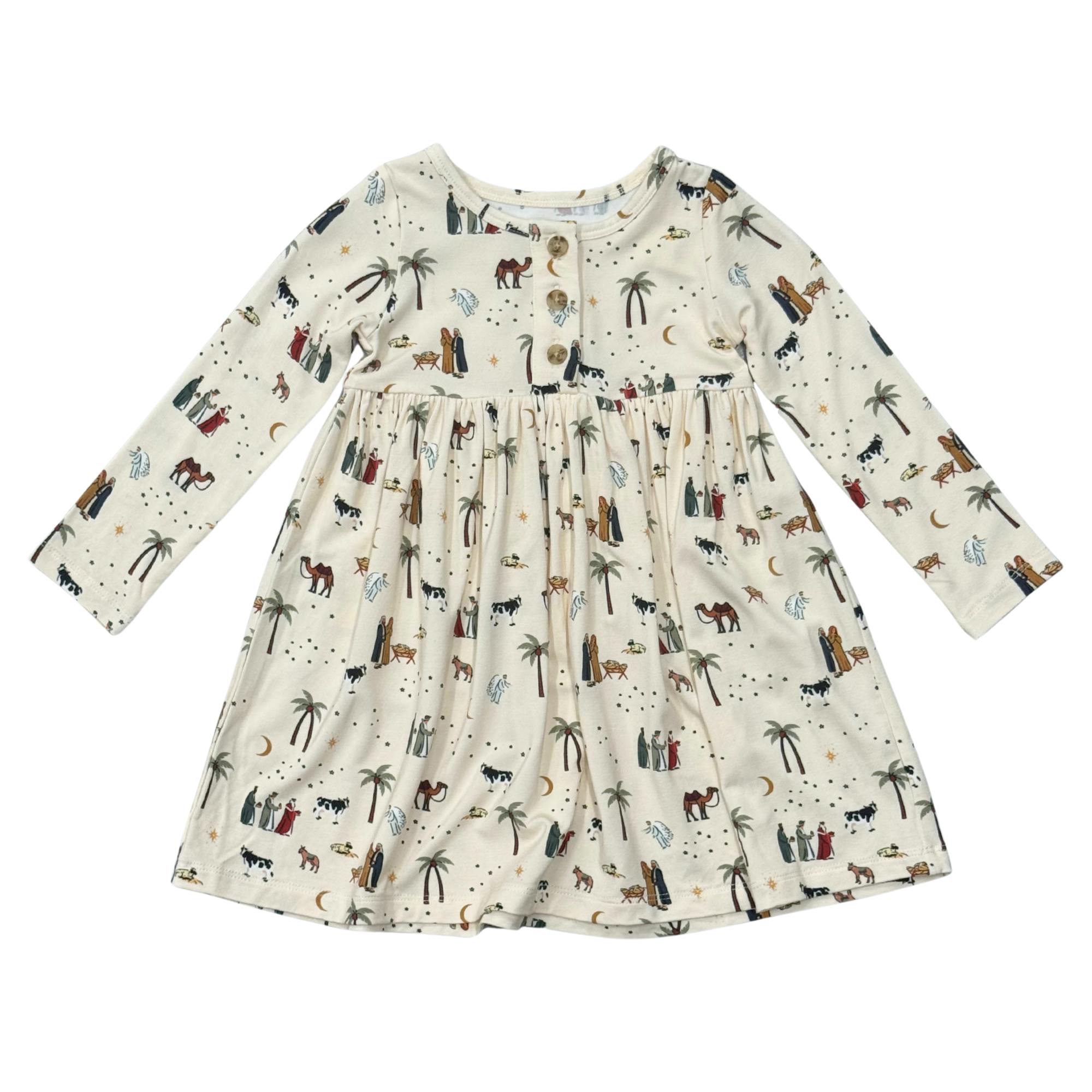 Girls Long Sleeve Henley Dress in Nativity