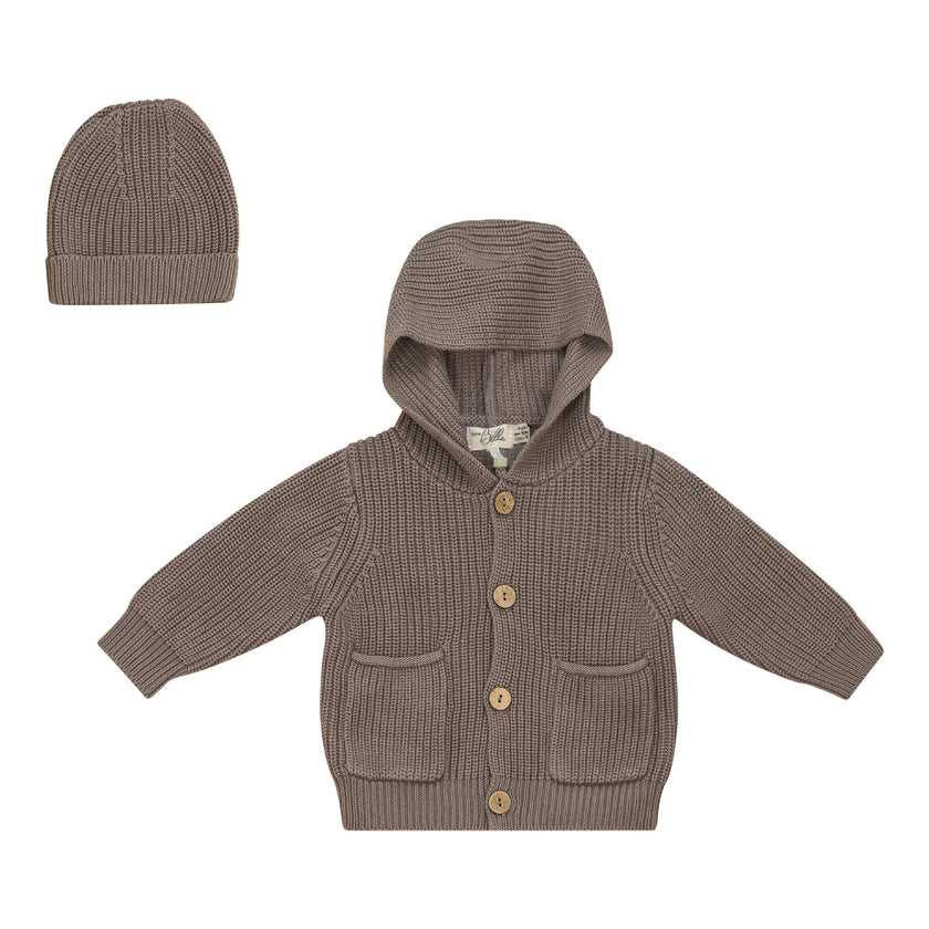Hooded Ribbed Button Front Jacket and Hat Two Piece Set