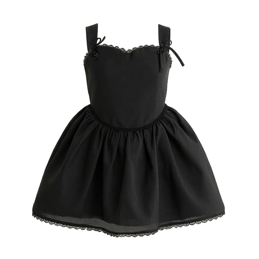 Black Belgata Lace Trim Flared Dress