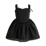 Black Belgata Lace Trim Flared Dress