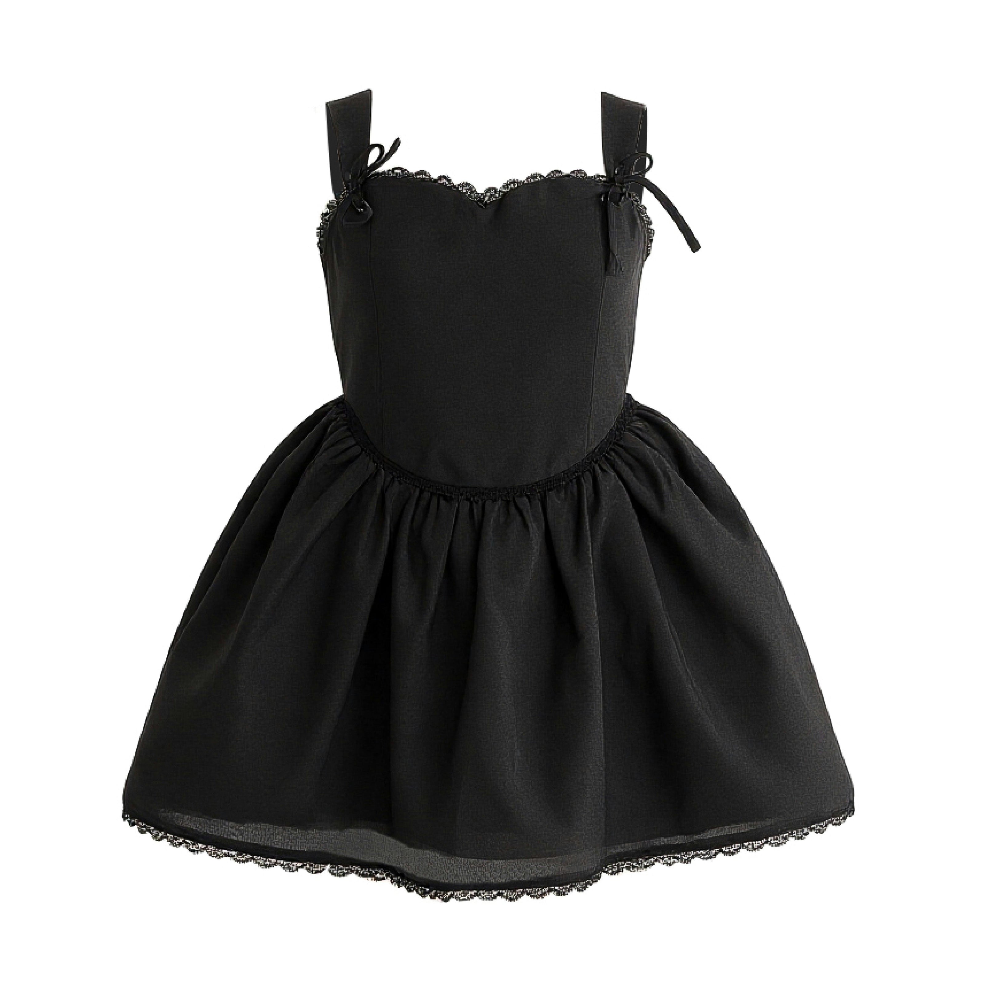 Black Belgata Lace Trim Flared Dress
