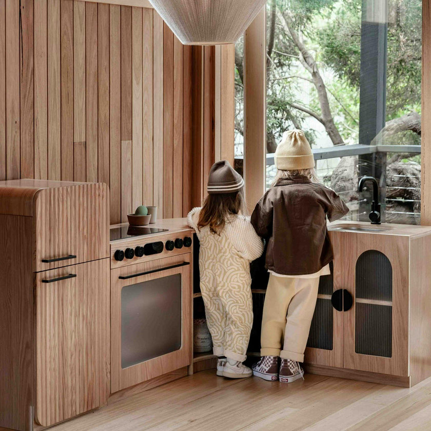Oak Fluted Play Kitchen Set: Fridge + Sink + Oven