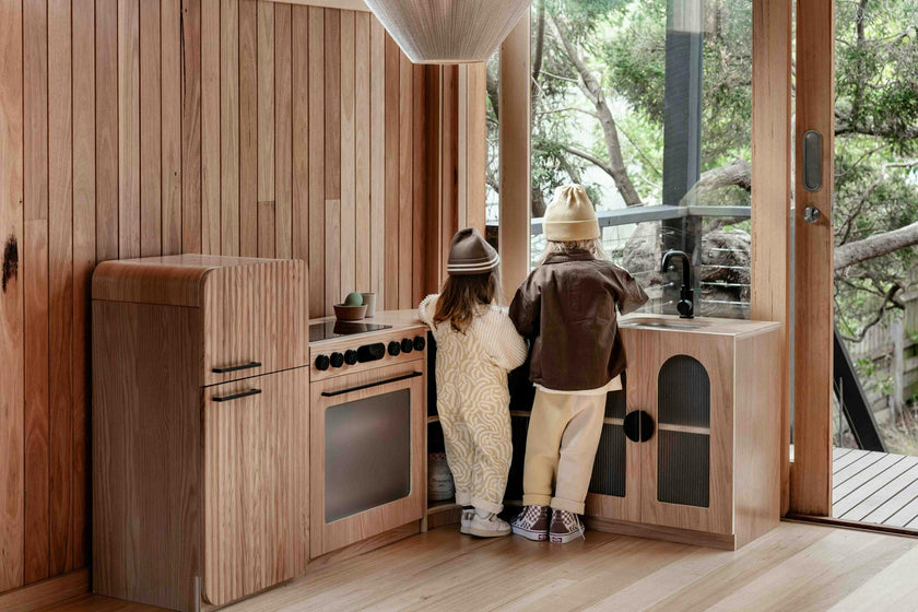 Oak Fluted Play Kitchen Set: Fridge + Sink + Oven