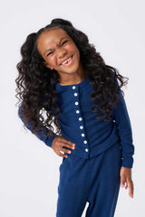 Girls Pointelle Cardigan in Navy