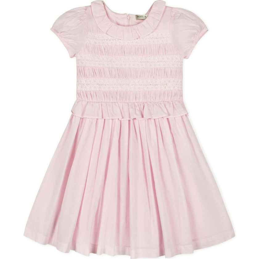 Organic Puff Sleeve Smocked Party Dress with Ruffle Collar, Pink