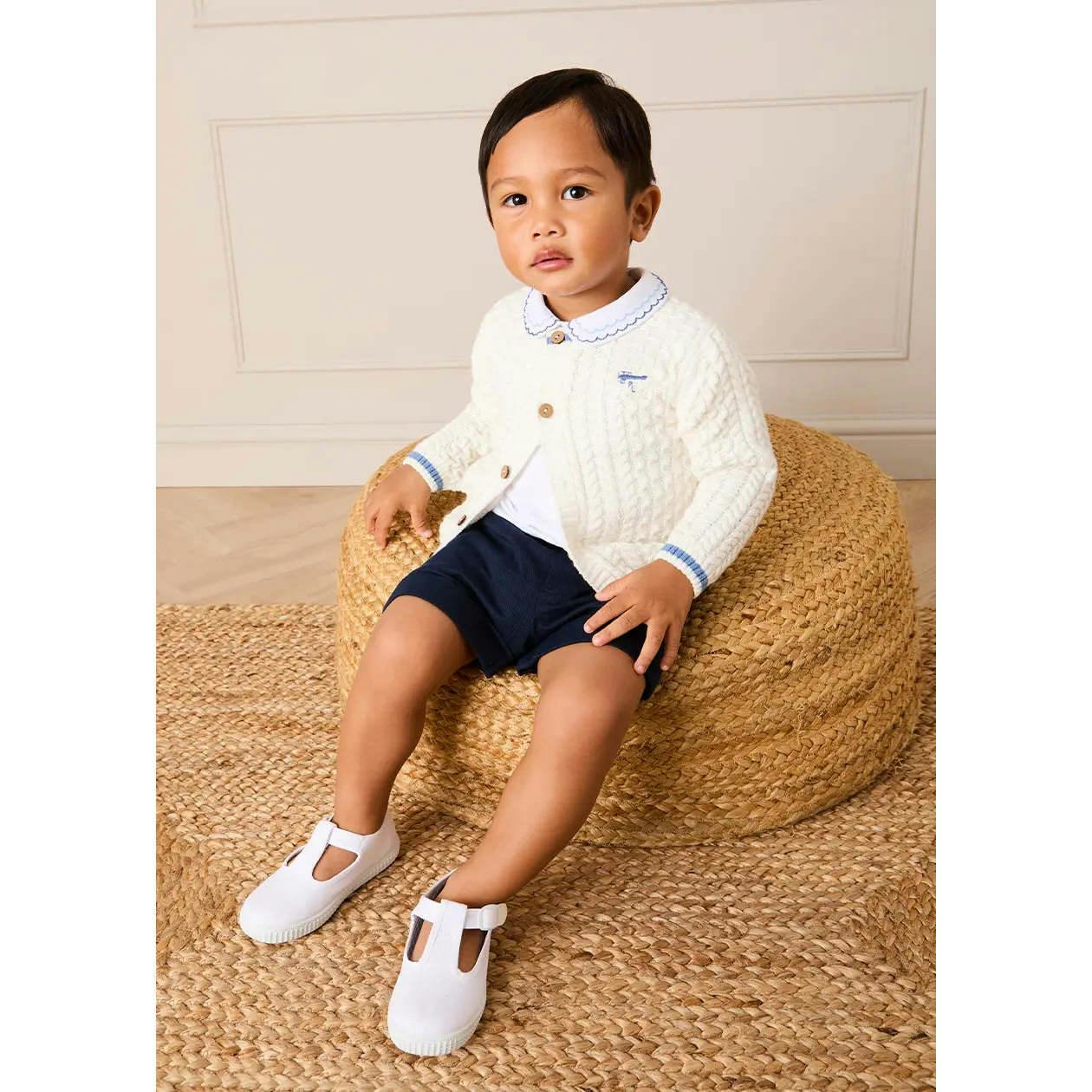 Plane Embroidered Cable Knit Cardigan in Cream (12mths-6yrs)