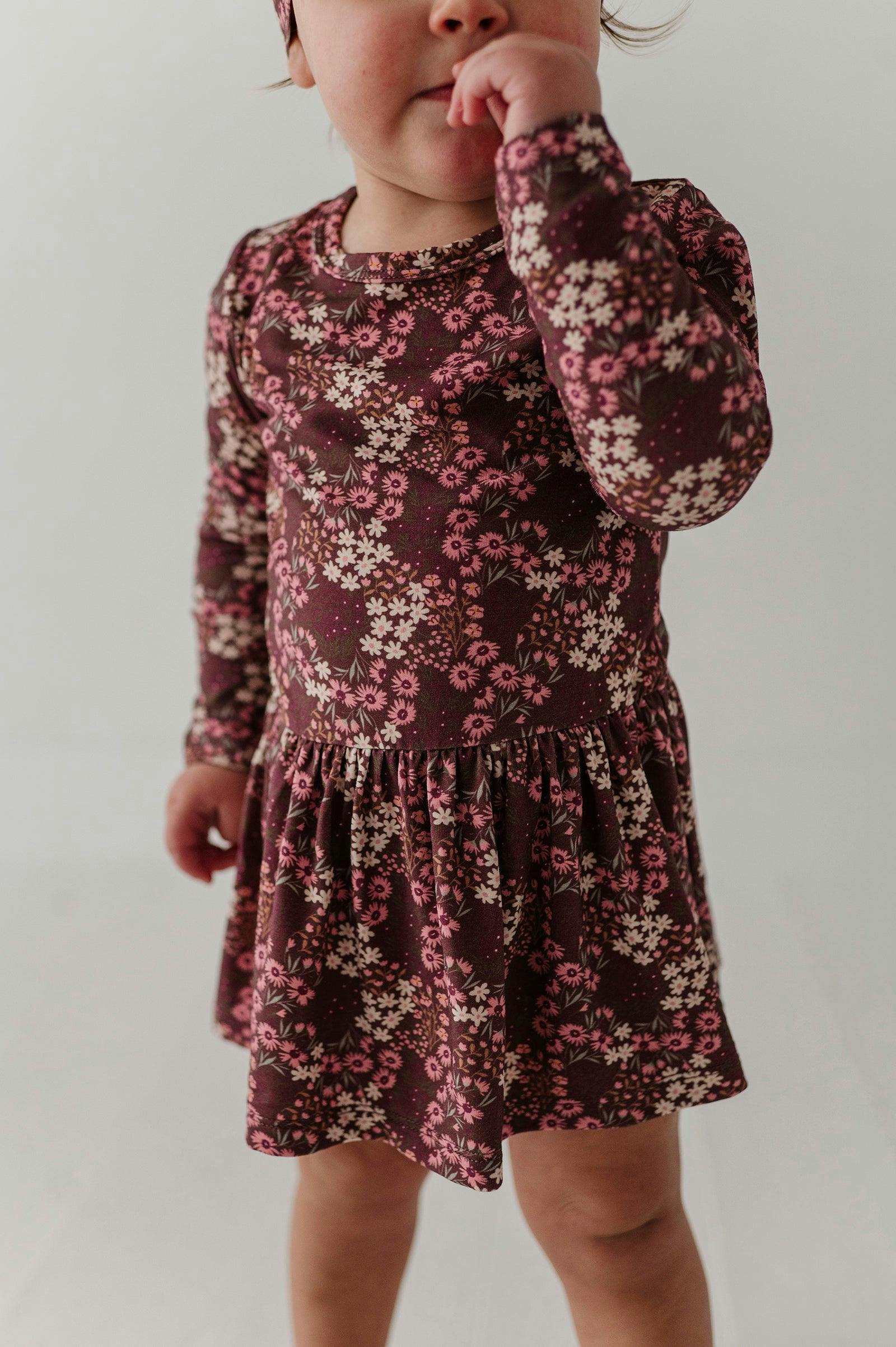 Baby Girl Long Sleeve Bodysuit Dress Set in Cluster Garden Floral