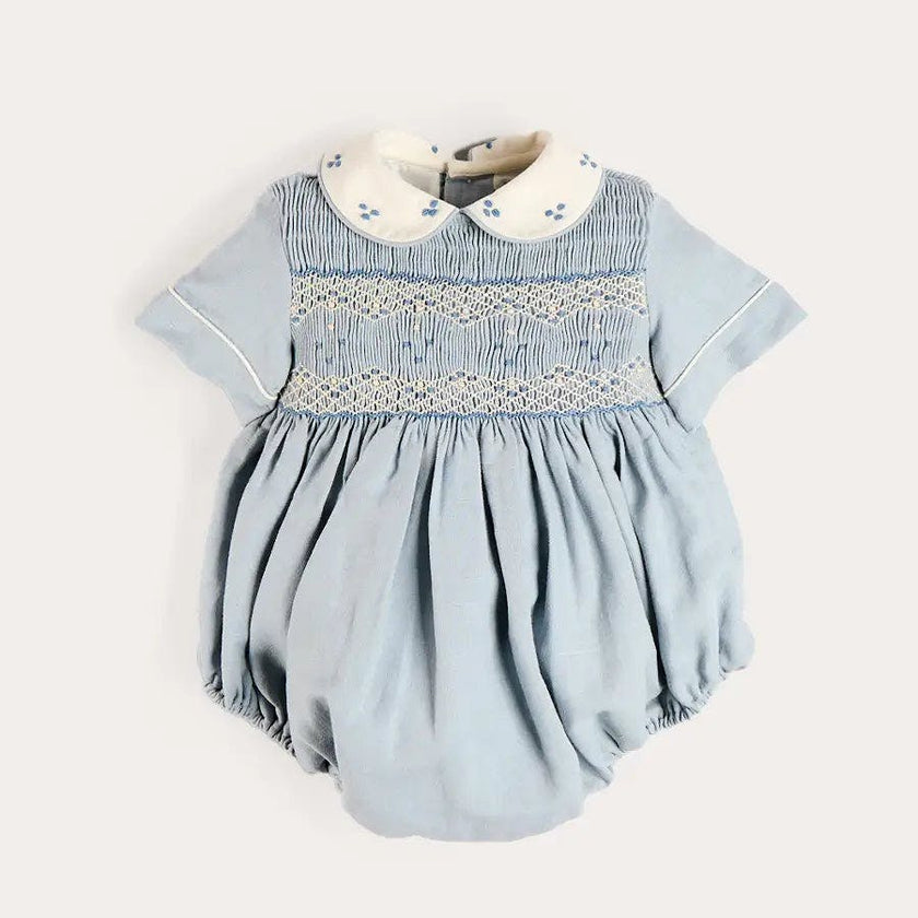 Hand Smocked Peter Pan Collar Short Sleeve Romper in Sky Blue (3mths-2yrs)