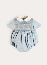 Hand Smocked Peter Pan Collar Short Sleeve Romper in Sky Blue (3mths-2yrs)