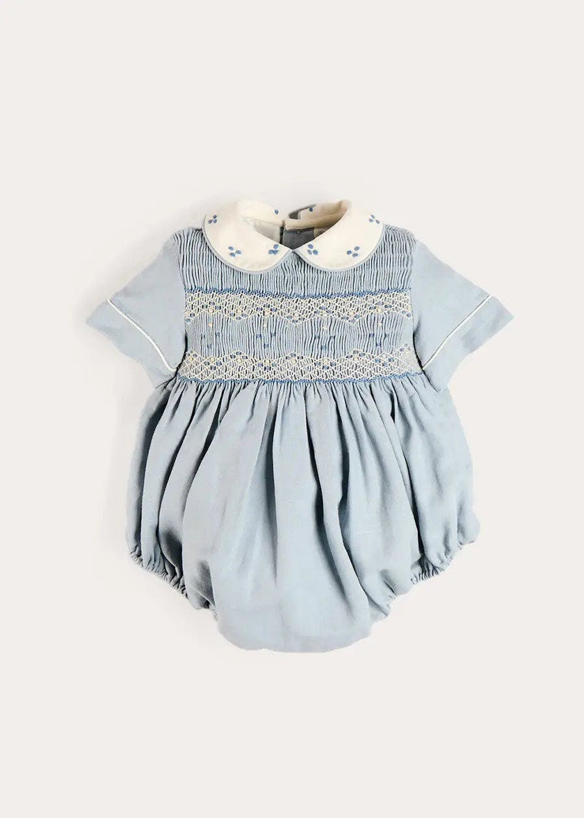 Hand Smocked Peter Pan Collar Short Sleeve Romper in Sky Blue (3mths-2yrs)