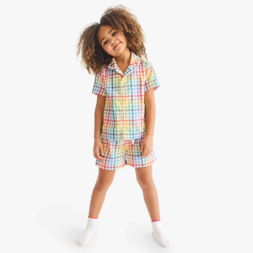 Clearance kids short sleeve PJ top in rainbow plaid