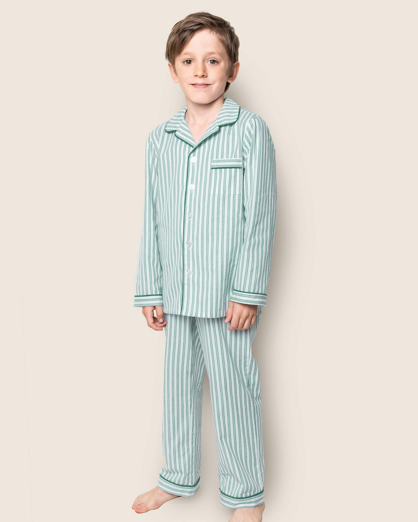 Kid's Twill Pajama Set in Emerald Ticking